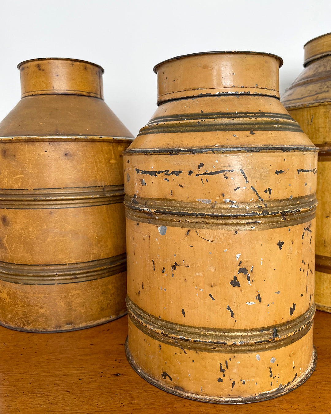Set Of Three Toleware Tea Canisters Faux Wood 19th Century ANTIQUE