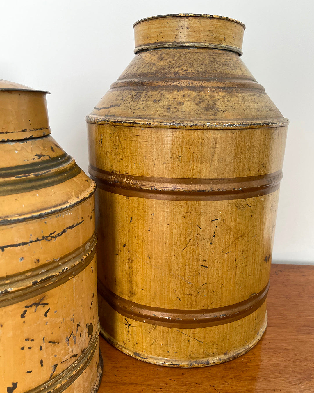 Set Of Three Toleware Tea Canisters Faux Wood 19th Century ANTIQUE