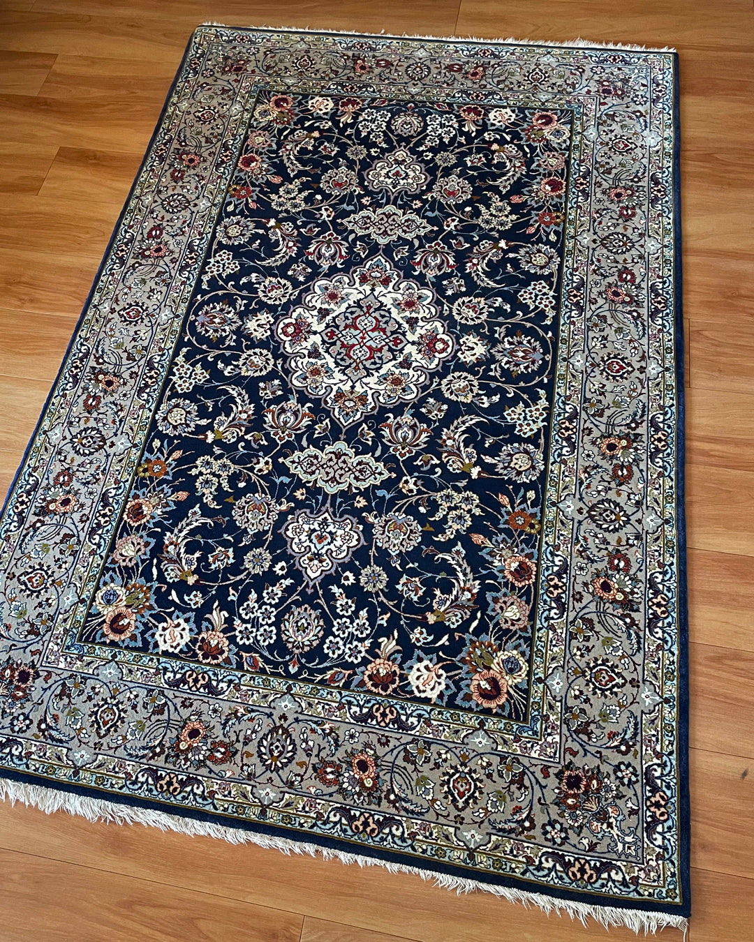 Persian Rug Isfahan 201cm x 127.5cm Navy & Ivory VINTAGE