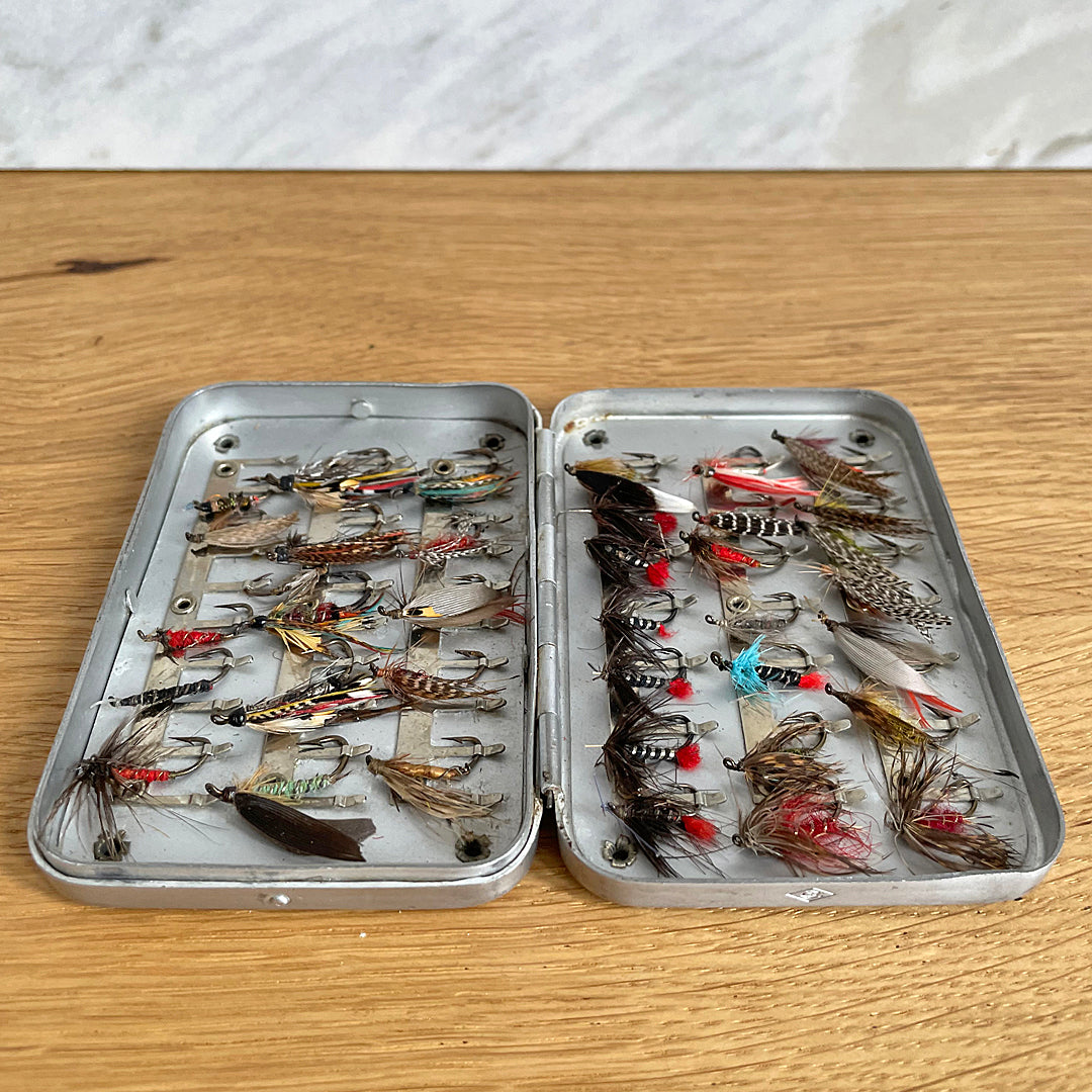 Wheatley Fly Fishing Box & Flies Aluminium 3.5 x 2.5" 1960's VINTAGE
