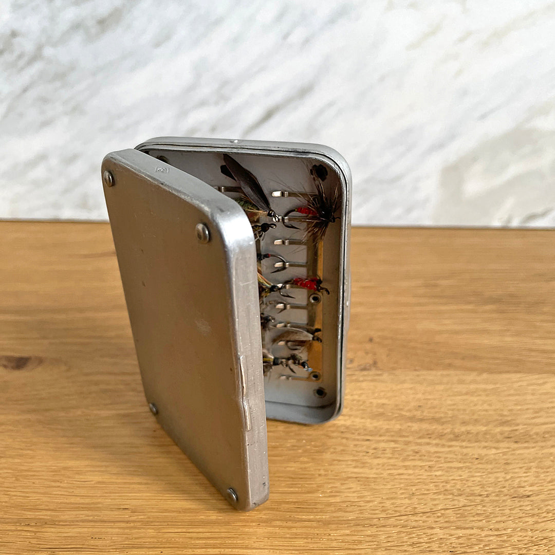 Wheatley Fly Fishing Box & Flies Aluminium 3.5 x 2.5" 1960's VINTAGE