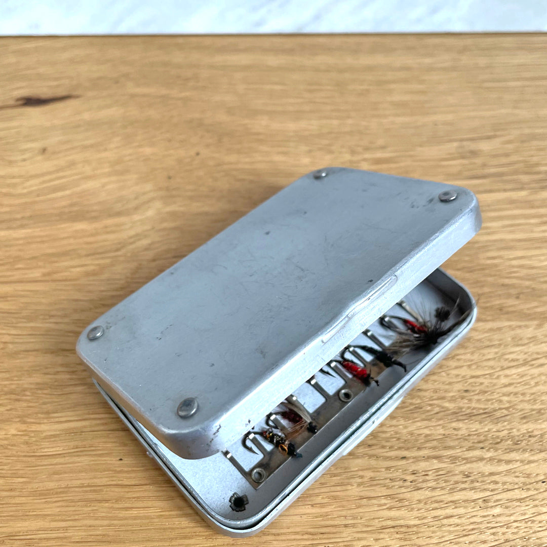 Wheatley Fly Fishing Box & Flies Aluminium 3.5 x 2.5" 1960's VINTAGE