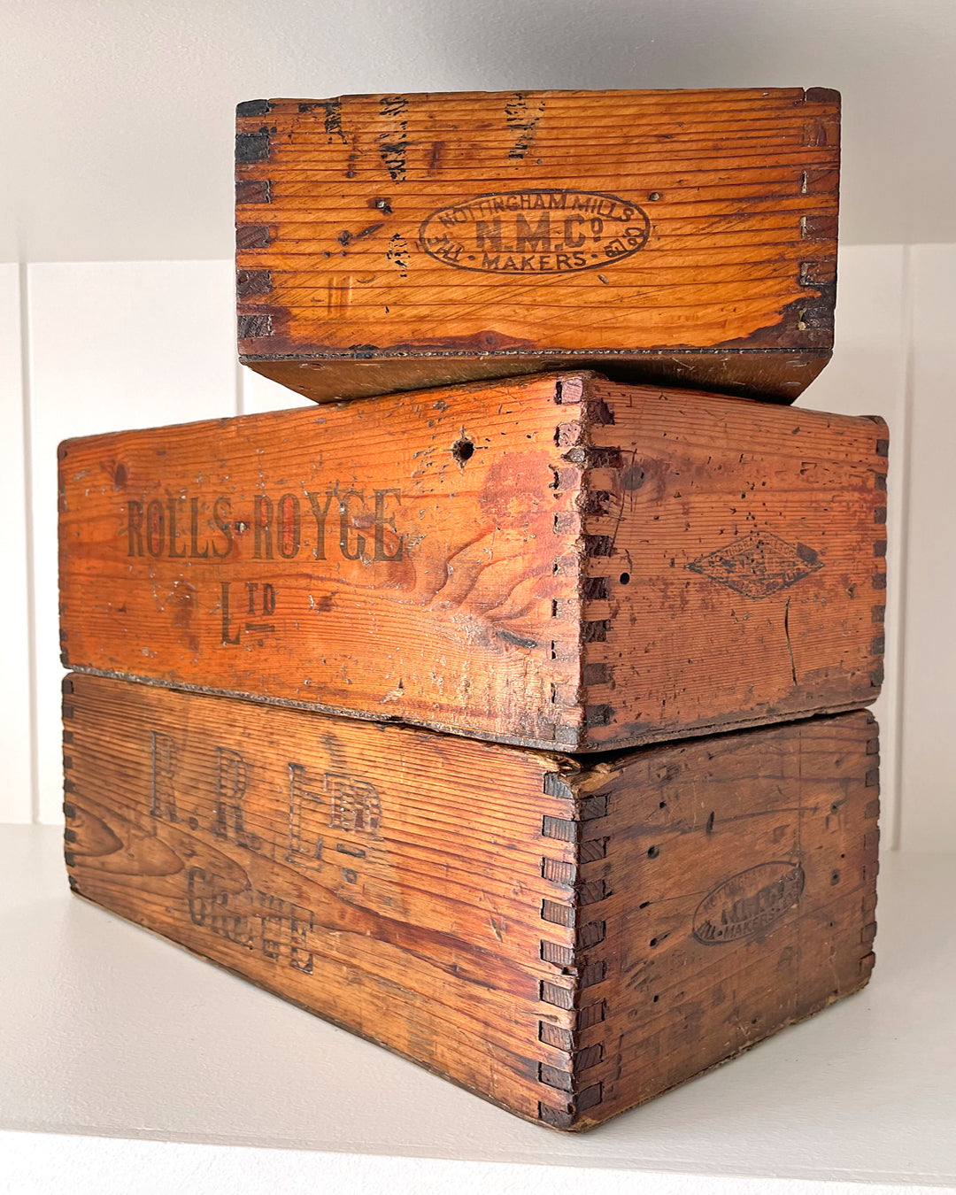 Rolls Royce Ltd Factory Wooden Tool Boxes Set Of Three VINTAGE