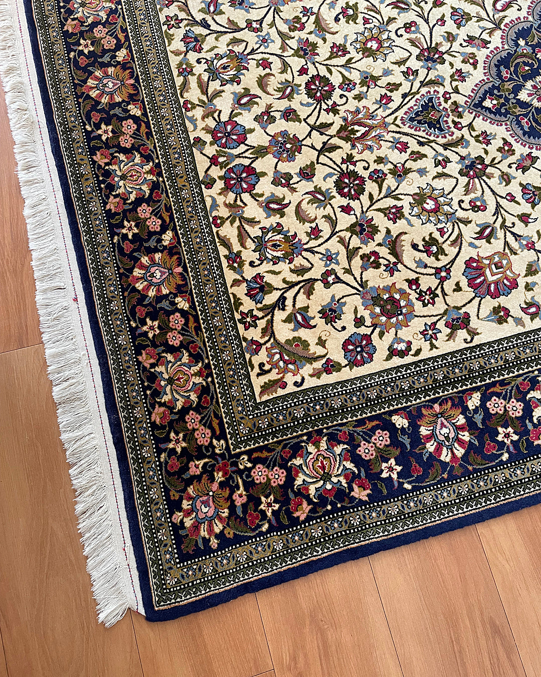 Persian Rug Kashan 223cm x 139cm Ivory & Navy VINTAGE