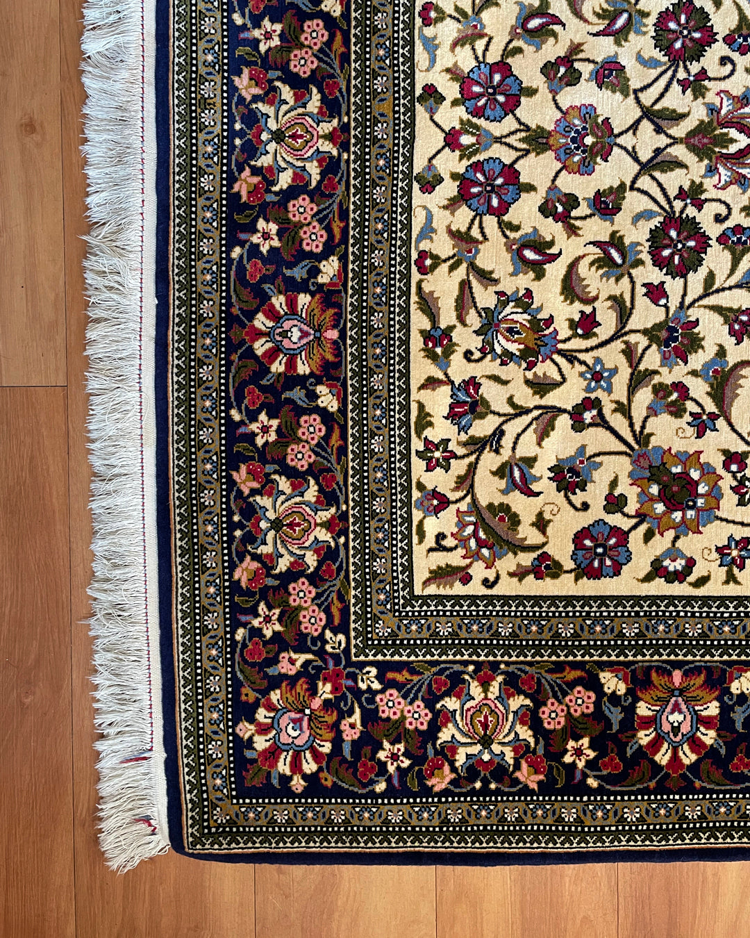 Persian Rug Kashan 223cm x 139cm Ivory & Navy VINTAGE