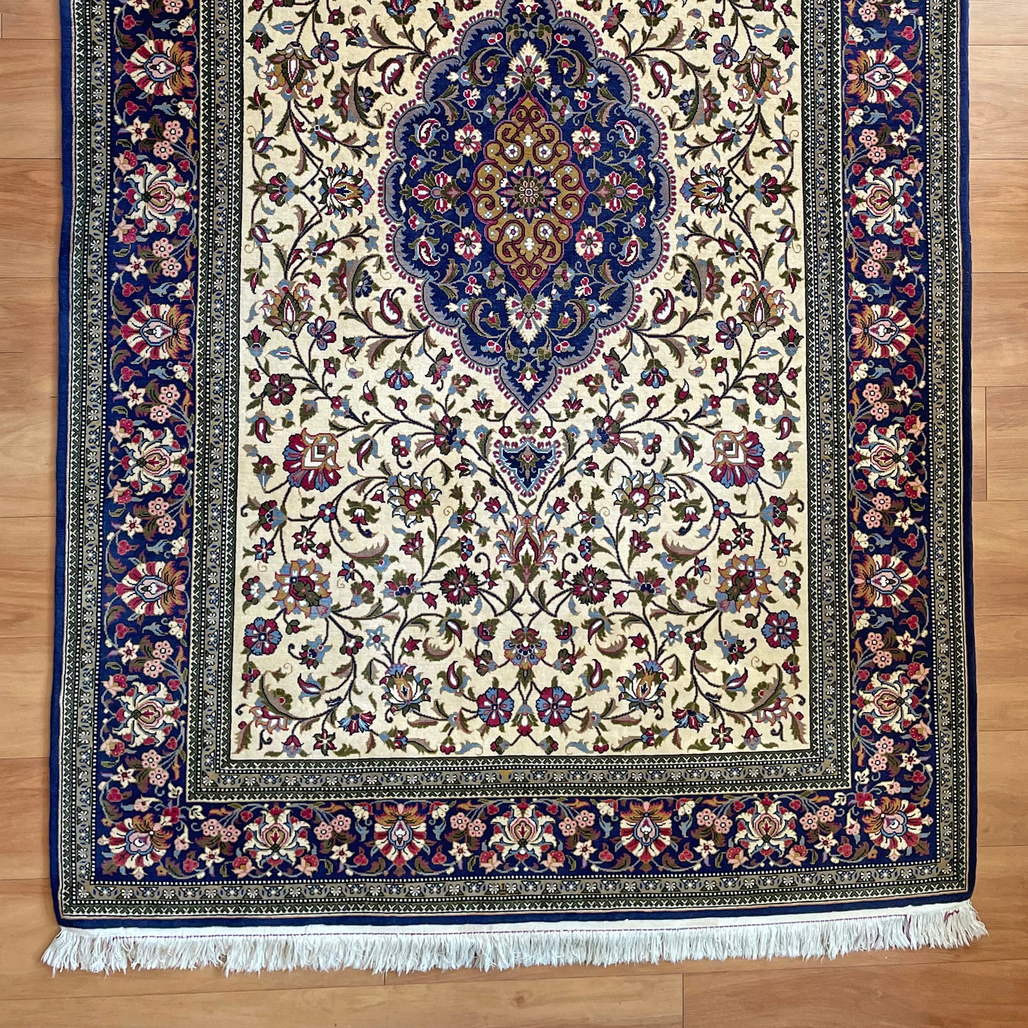 Persian Rug Kashan 223cm x 139cm Ivory & Navy VINTAGE