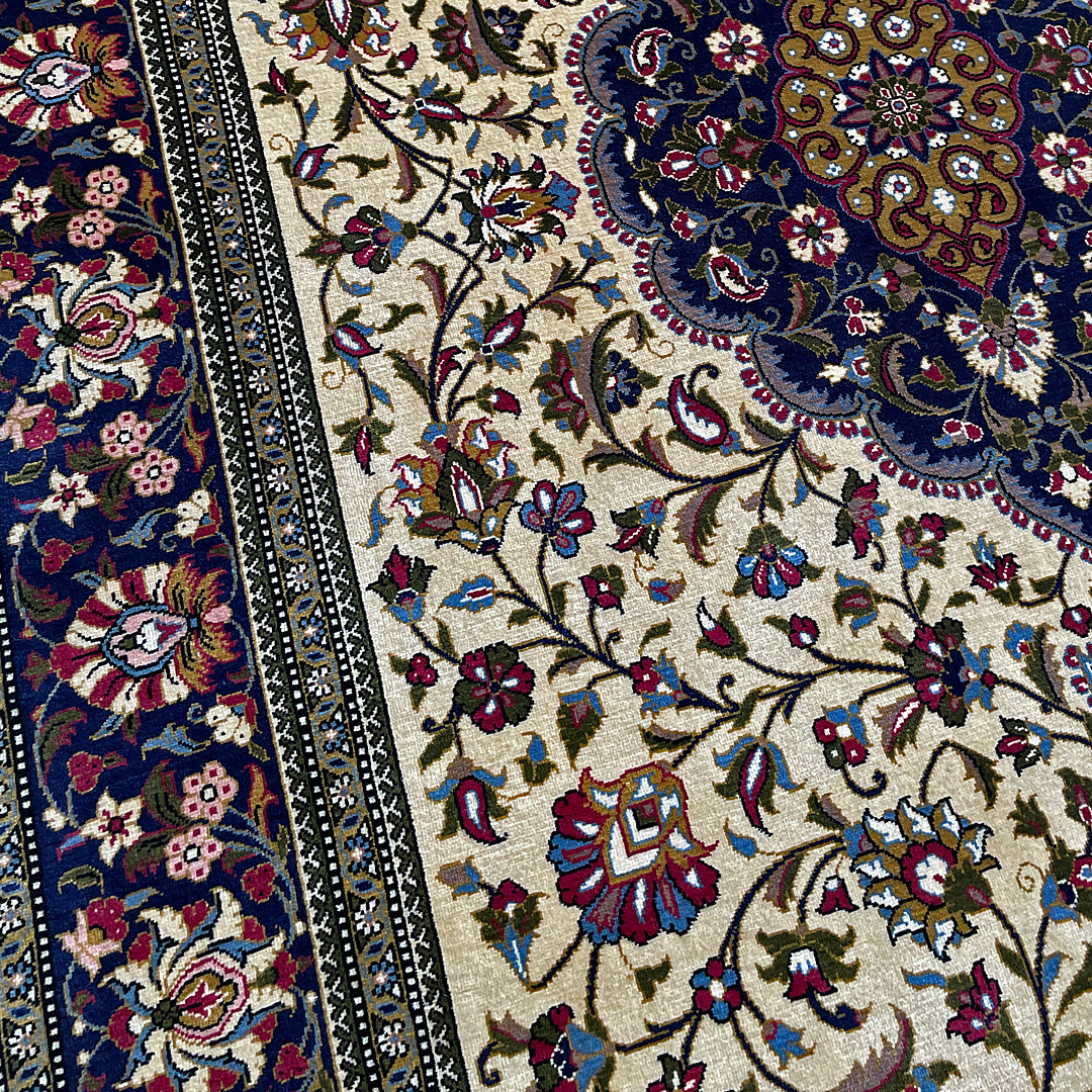 Persian Rug Kashan 223cm x 139cm Ivory & Navy VINTAGE