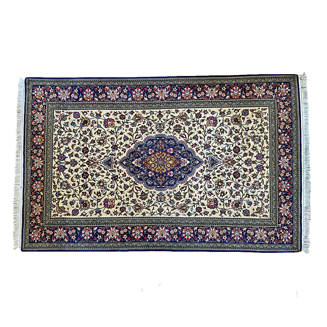 Persian Rug Kashan 223cm x 139cm Ivory & Navy VINTAGE