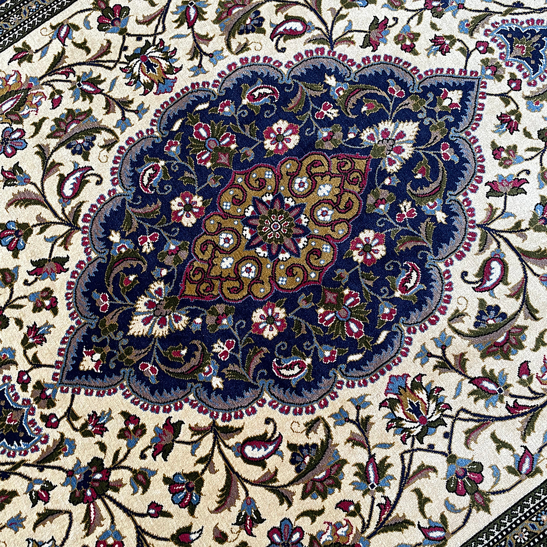 Persian Rug Kashan 223cm x 139cm Ivory & Navy VINTAGE