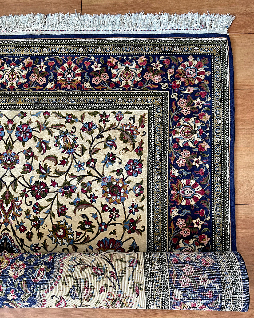 Persian Rug Kashan 223cm x 139cm Ivory & Navy VINTAGE
