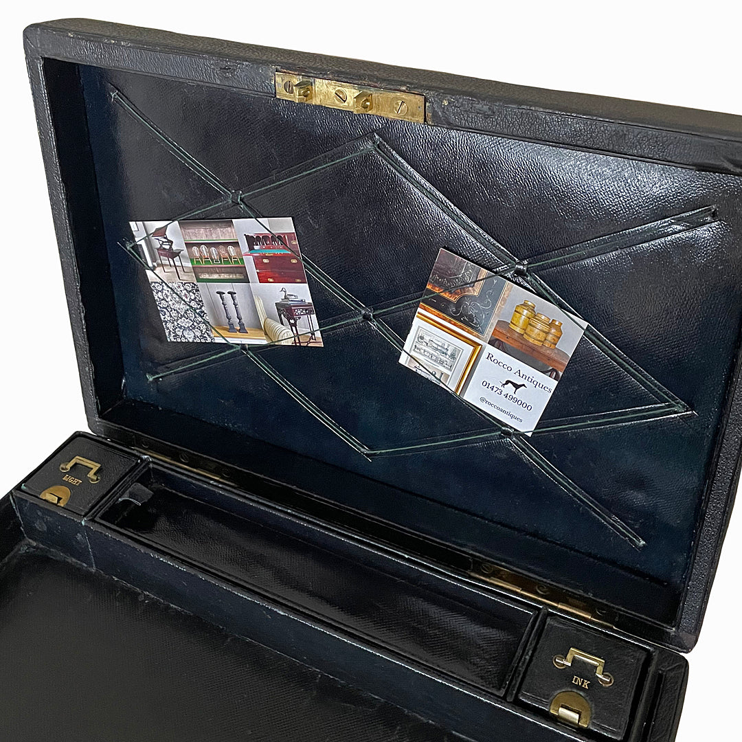 A Despatch Box & Correspondence Tray Black Leather Victorian ANTIQUE