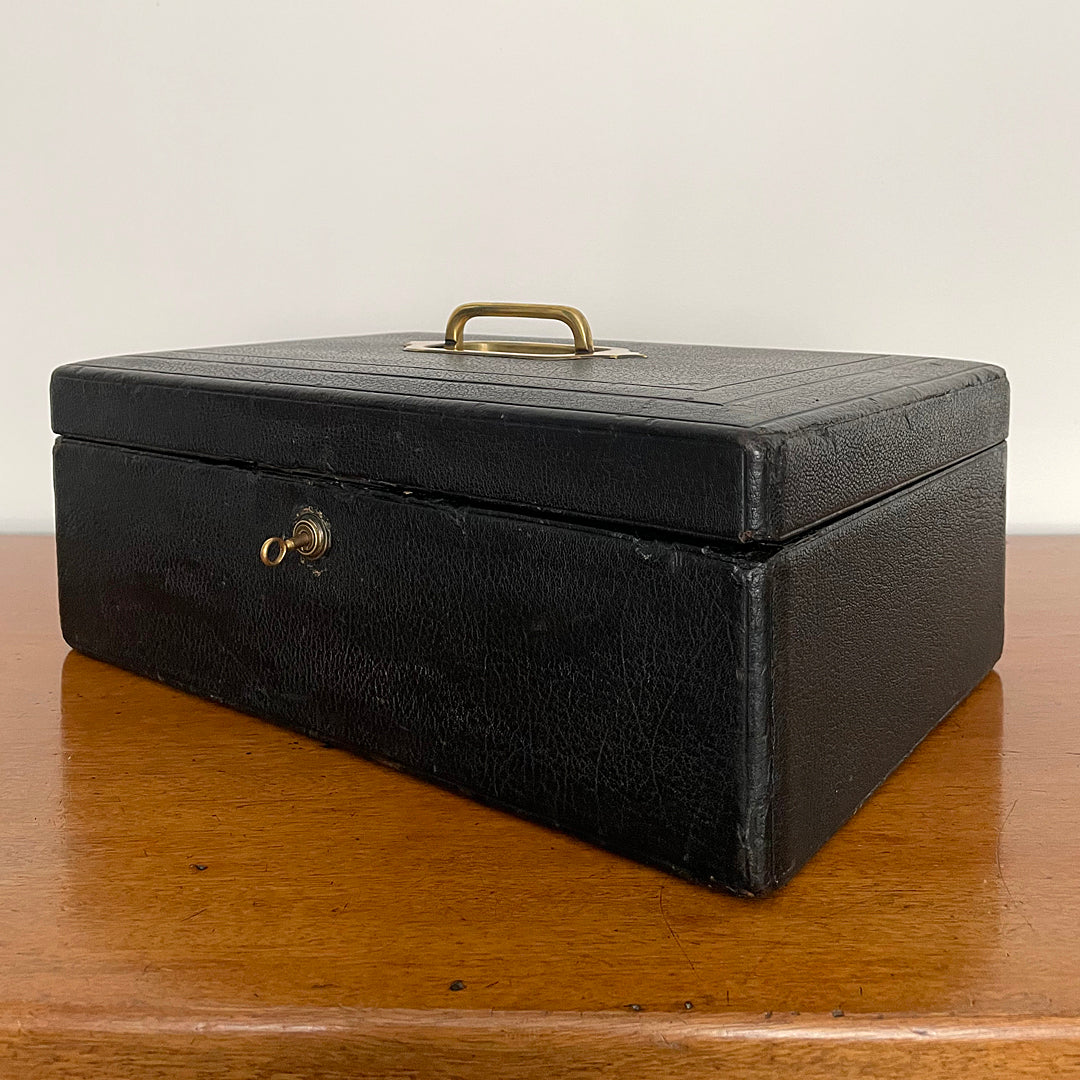 A Despatch Box & Correspondence Tray Black Leather Victorian ANTIQUE
