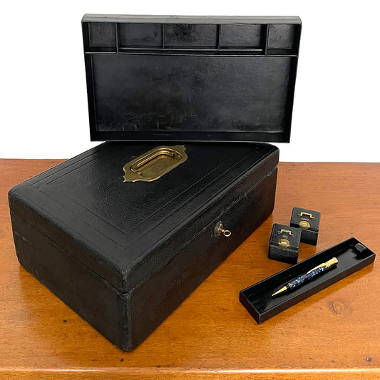 A Despatch Box & Correspondence Tray Black Leather Victorian ANTIQUE