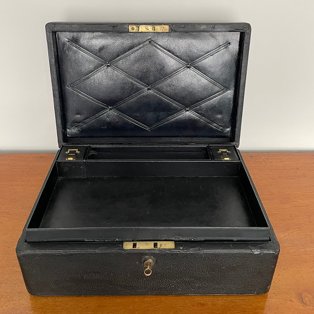 A Despatch Box & Correspondence Tray Black Leather Victorian ANTIQUE