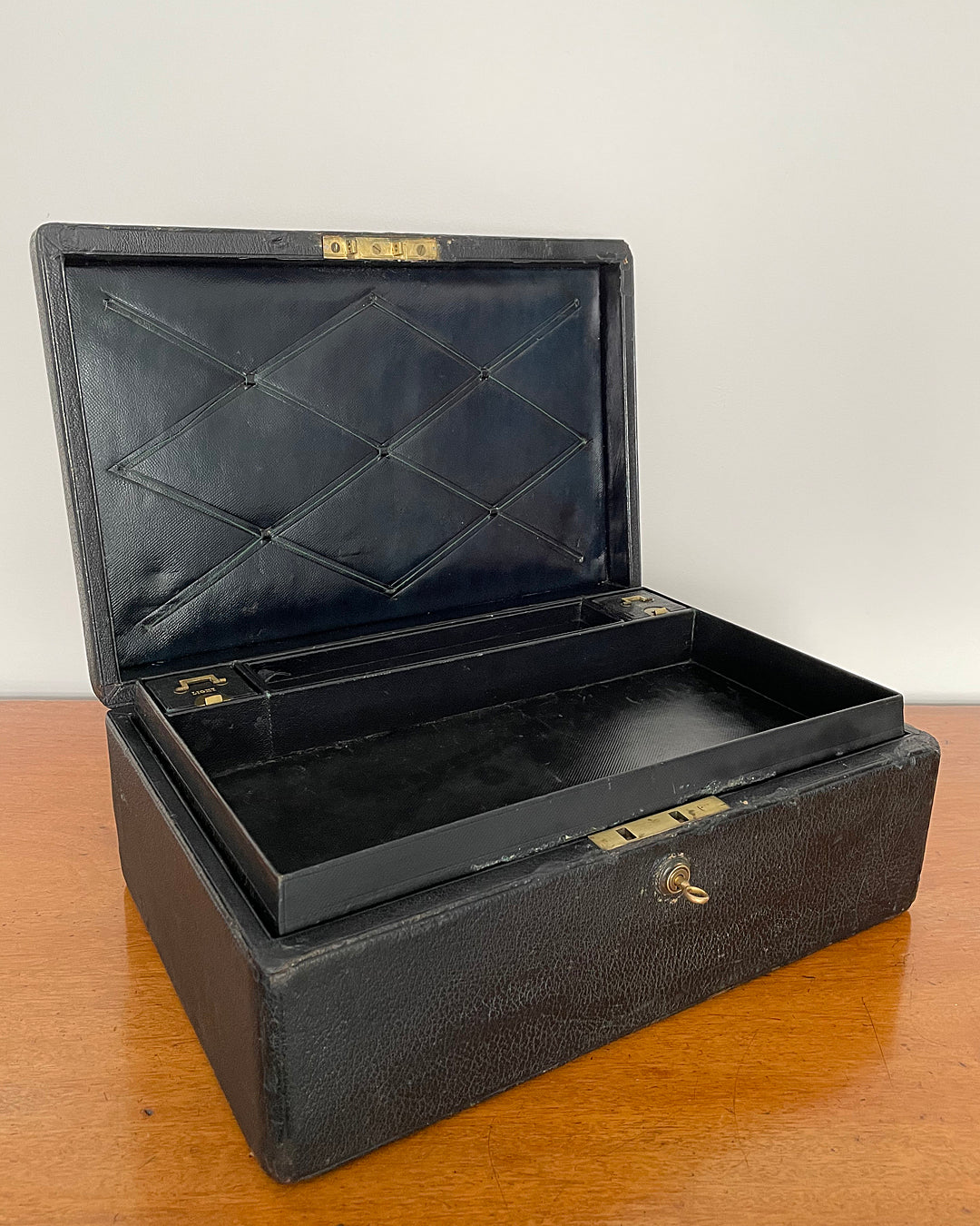 A Despatch Box & Correspondence Tray Black Leather Victorian ANTIQUE