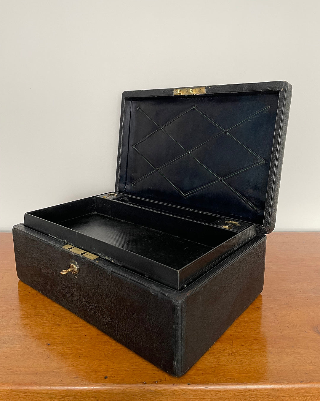 A Despatch Box & Correspondence Tray Black Leather Victorian ANTIQUE