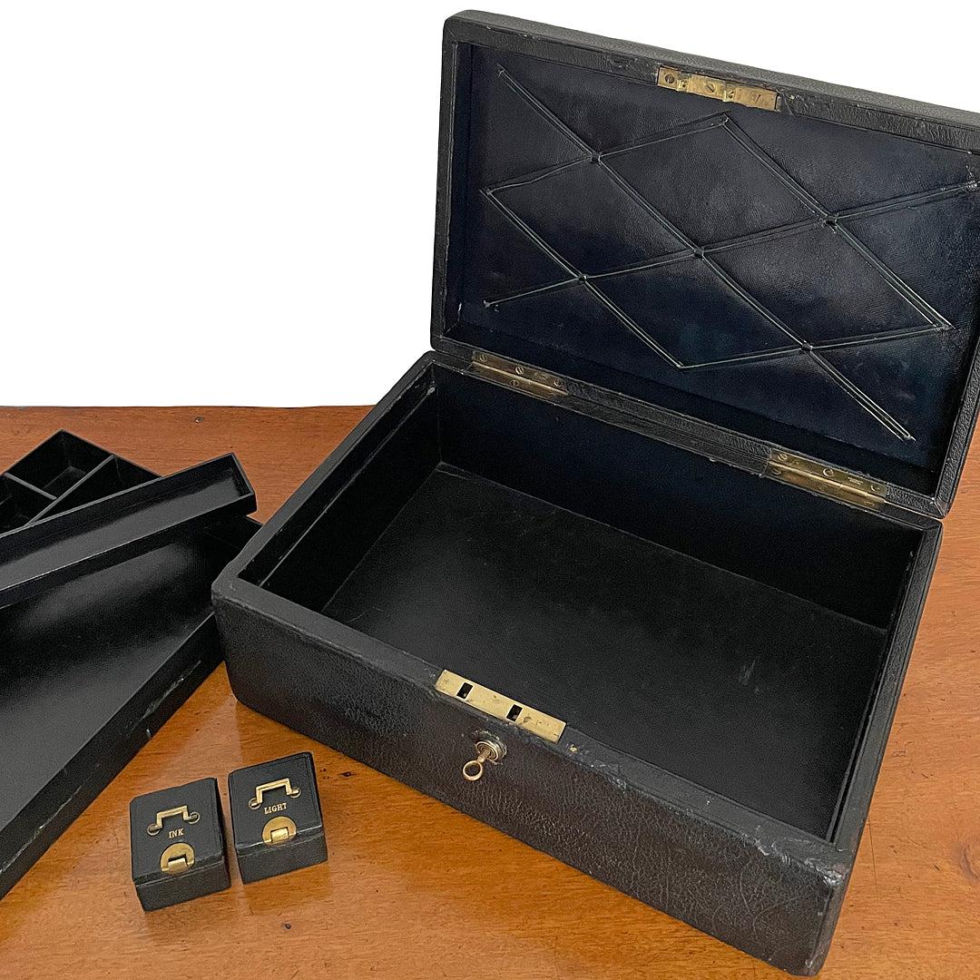 A Despatch Box & Correspondence Tray Black Leather Victorian ANTIQUE