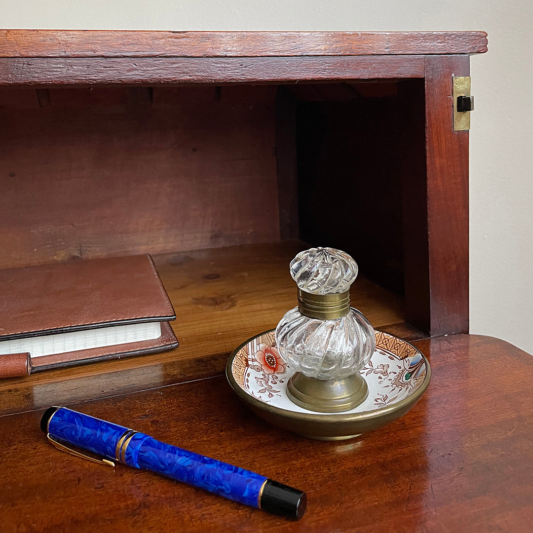 Moulded Glass Inkwell On Ceramic & Copper Dish English 19th Century ANTIQUE