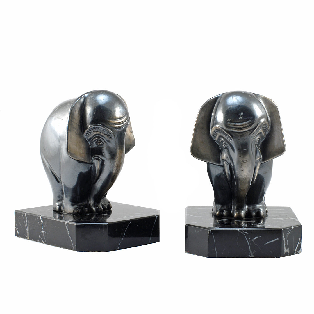 Pair Of Art Deco Bookends Metal Elephant On Marble Base 1930's