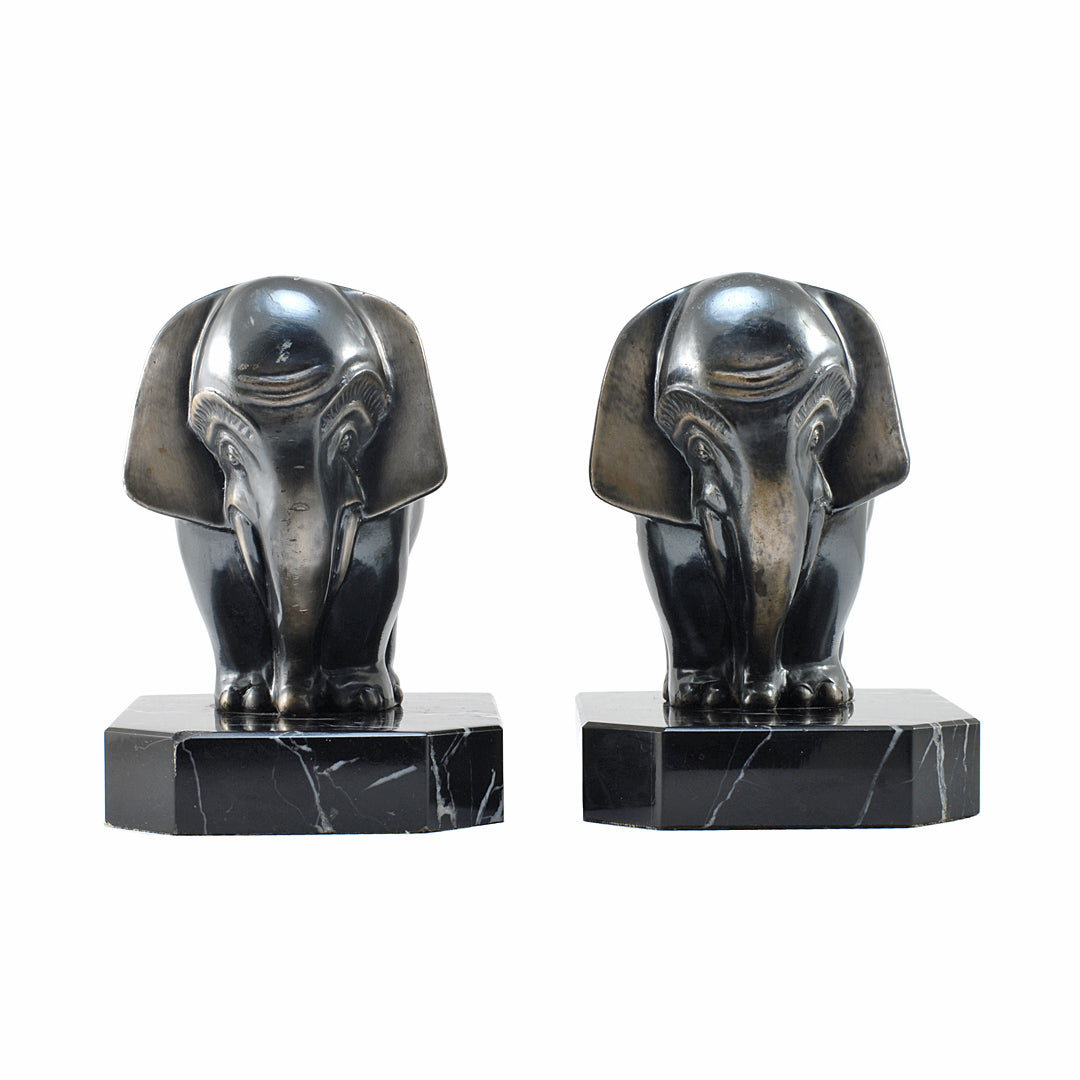 Pair Of Art Deco Bookends Metal Elephant On Marble Base 1930's