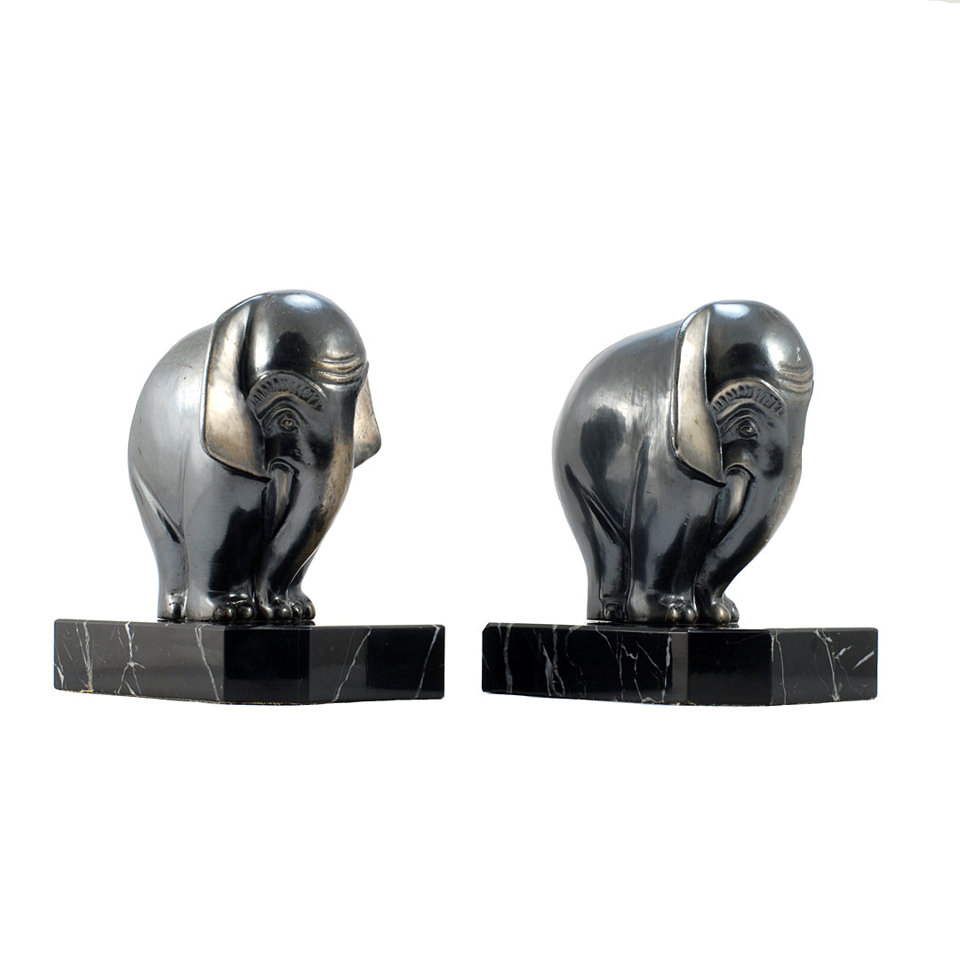 Pair Of Art Deco Bookends Metal Elephant On Marble Base 1930's