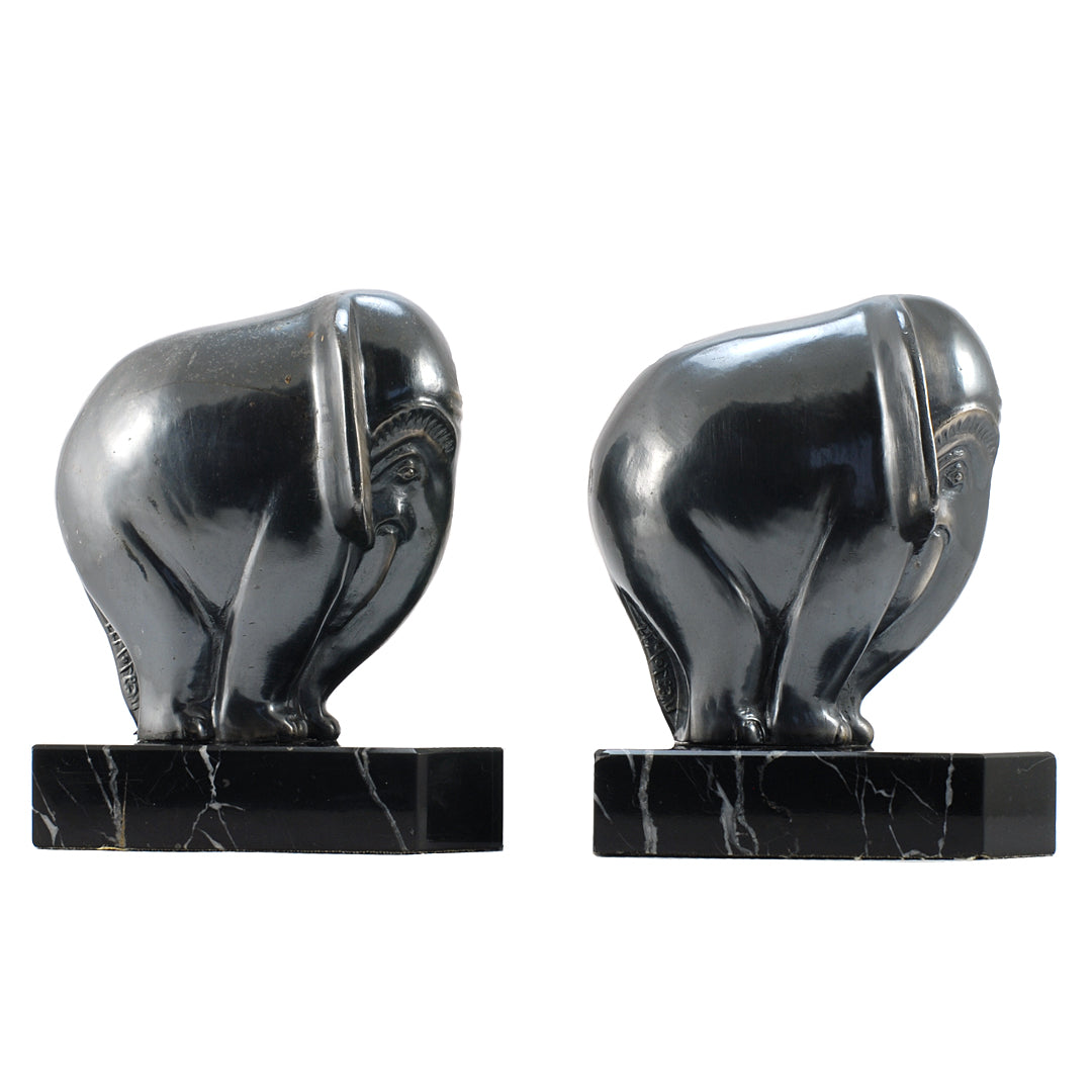 Pair Of Art Deco Bookends Metal Elephant On Marble Base 1930's