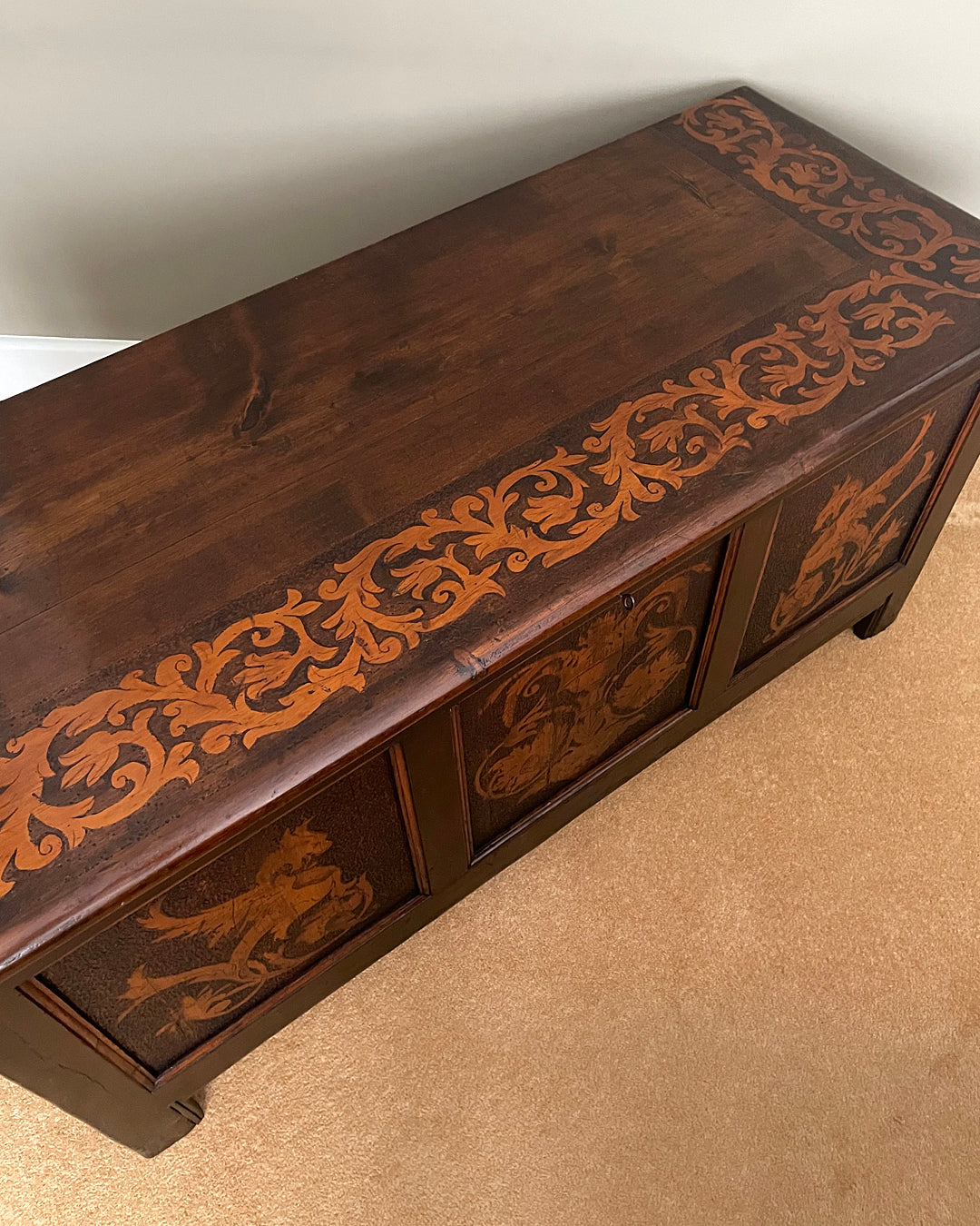 Arts & Crafts Panelled Blanket Chest Gothic Revival Pokerwork ANTIQUE
