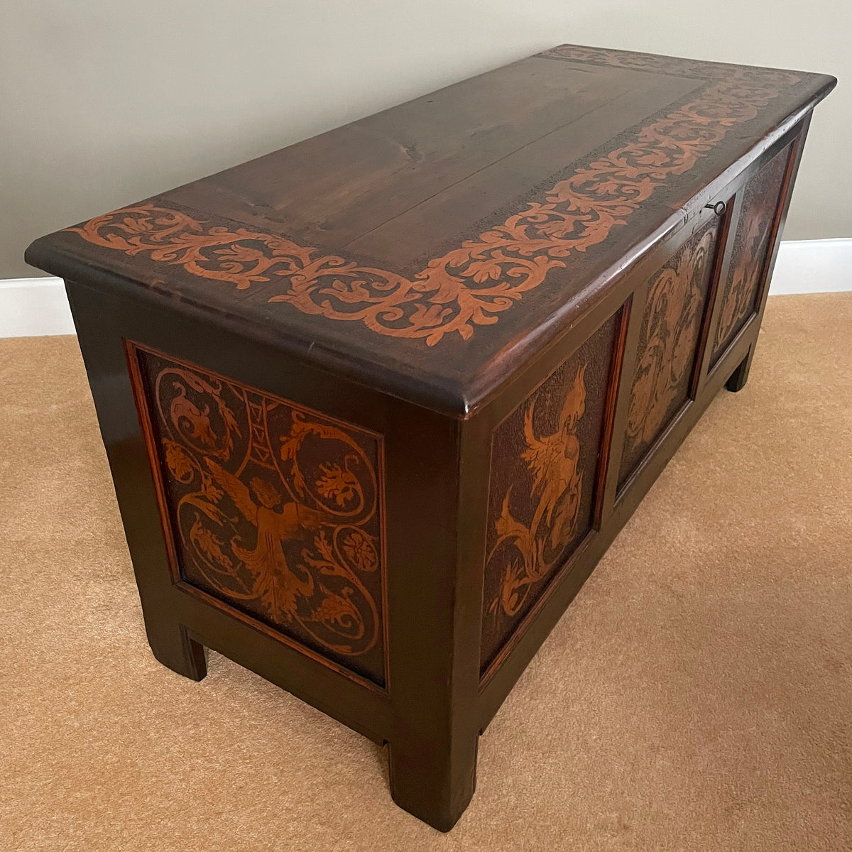 Arts & Crafts Panelled Blanket Chest Gothic Revival Pokerwork ANTIQUE