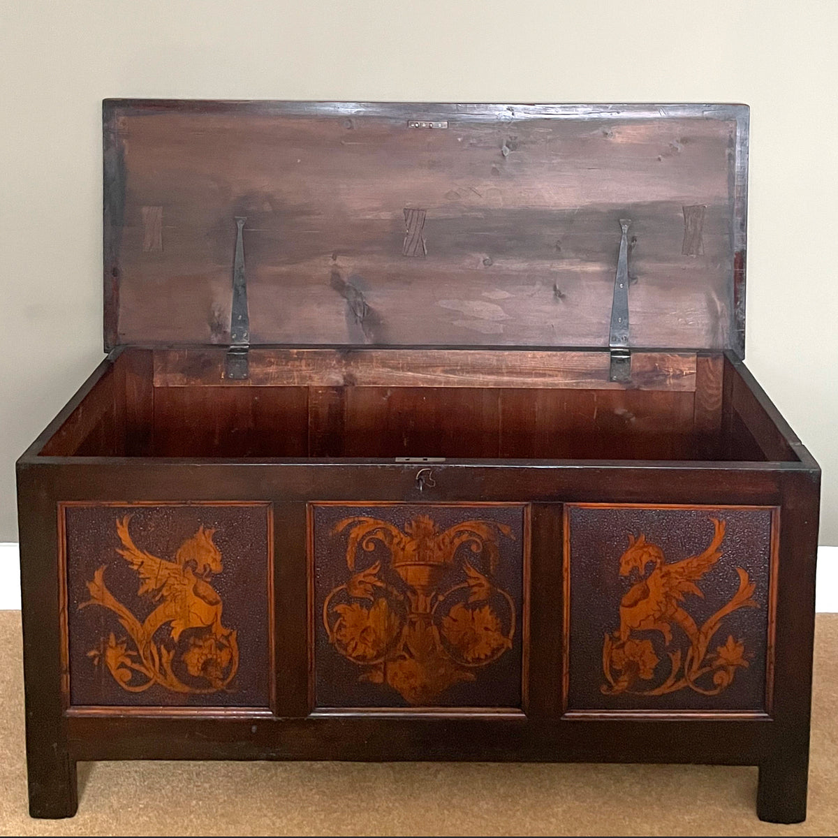 Arts & Crafts Panelled Blanket Chest Gothic Revival Pokerwork ANTIQUE