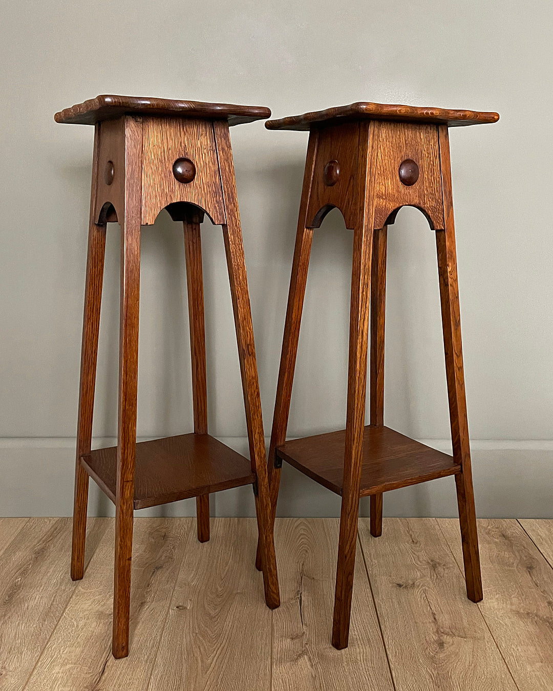 A Near Set Of Oak Plant Stands Arts And Crafts English 1900's ANTIQUE