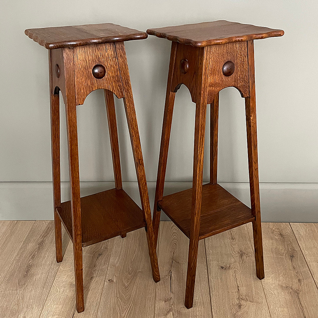 A Near Set Of Oak Plant Stands Arts And Crafts English 1900's ANTIQUE