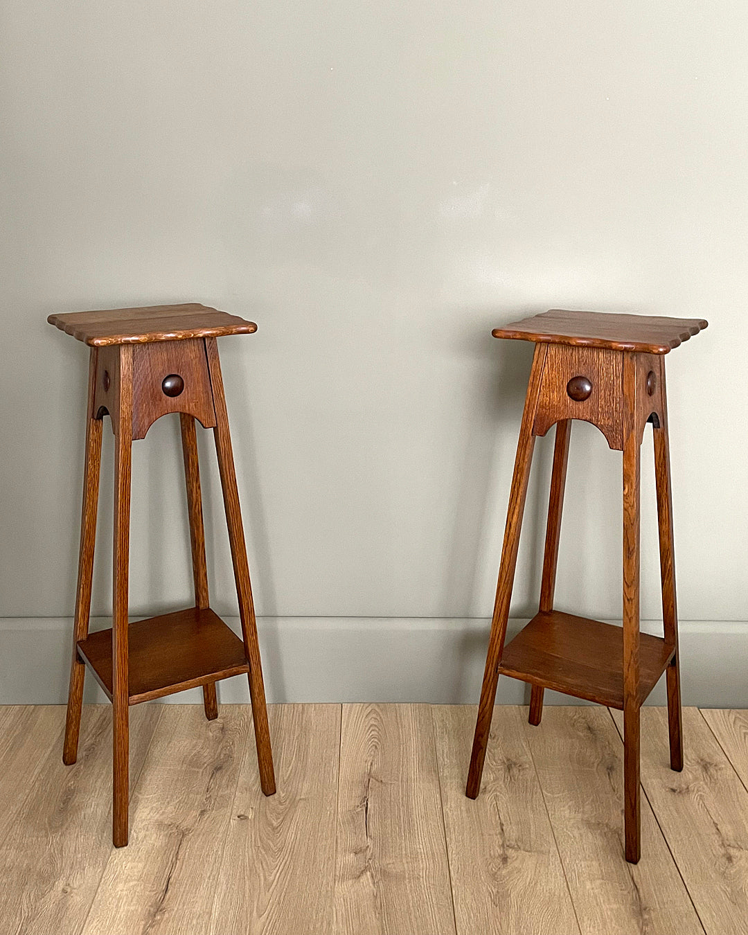 A Near Set Of Oak Plant Stands Arts And Crafts English 1900's ANTIQUE