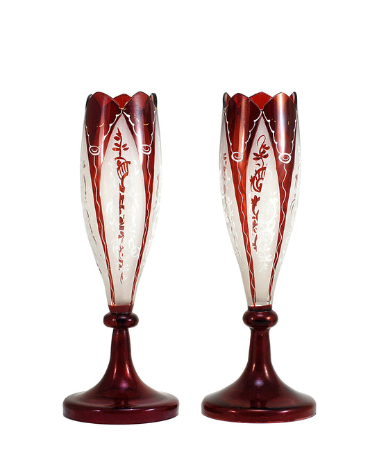 A Pair Of Bohemian Tulip Vases Burgundy & White 1880's ANTIQUE