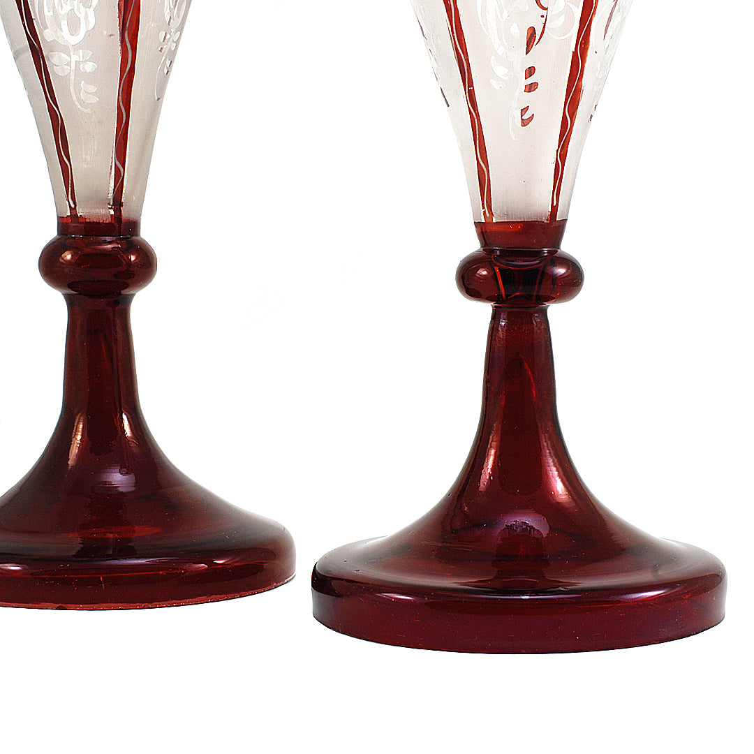 A Pair Of Bohemian Tulip Vases Burgundy & White 1880's ANTIQUE