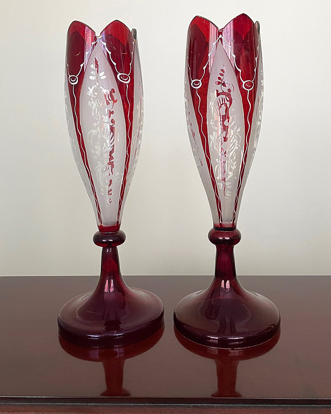 A Pair Of Bohemian Tulip Vases Burgundy & White 1880's ANTIQUE