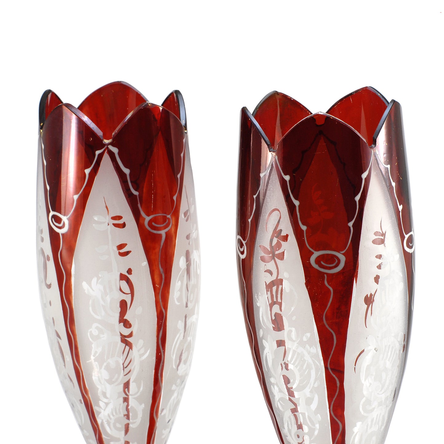 A Pair Of Bohemian Tulip Vases Burgundy & White 1880's ANTIQUE