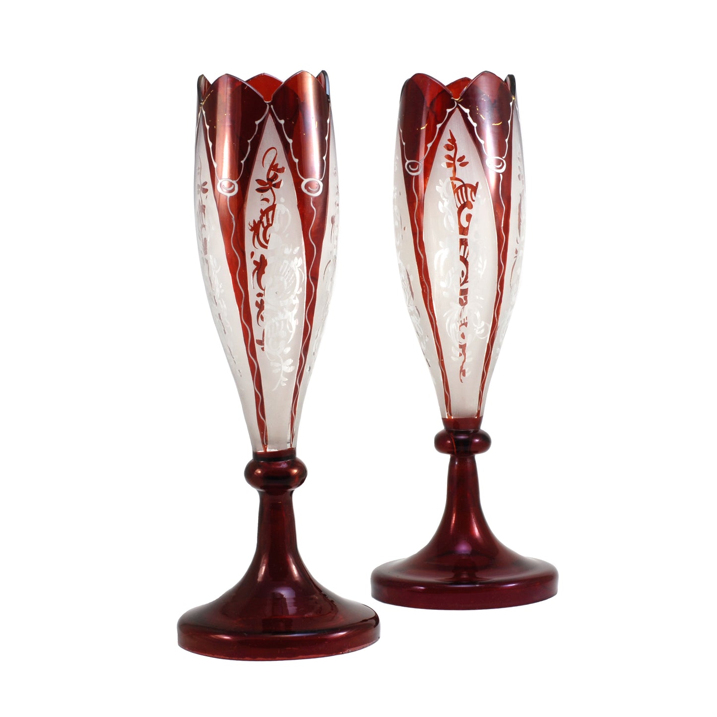 A Pair Of Bohemian Tulip Vases Burgundy & White 1880's ANTIQUE