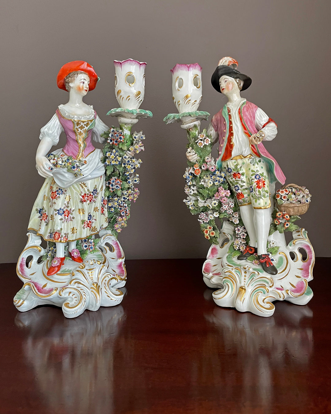 A Twin Set Of Large Derby Porcelain Candlesticks Figurines c. 1775 ANTIQUE