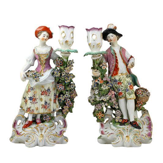 A Twin Set Of Large Derby Porcelain Candlesticks Figurines c. 1775 ANTIQUE
