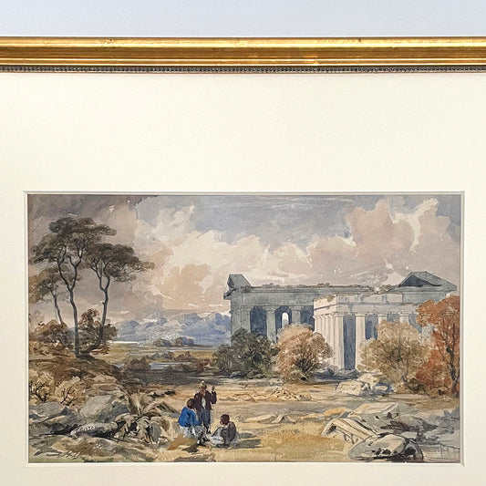 Grand Tour Watercolour The Temples At Paestum 19th Century ANTIQUE