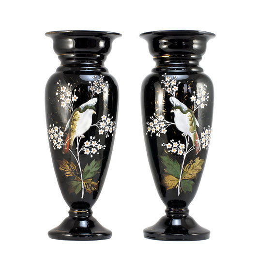 A Pair Of Glass Vases Black Amethyst Japanese Bird & Blossom 1880's ANTIQUE