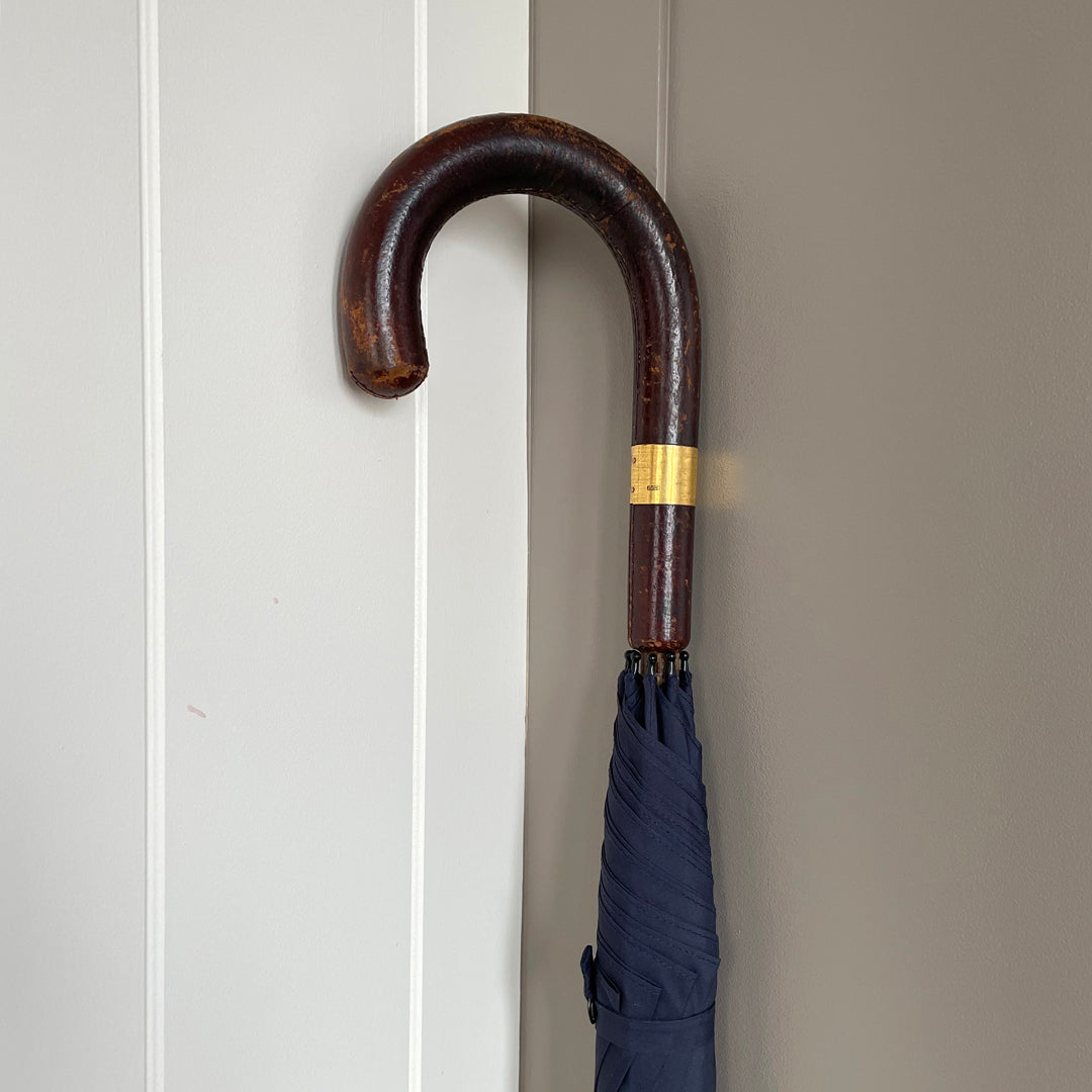 Fox Stick Umbrella Navy & Leather Handle & Gold Collar 18ct VINTAGE