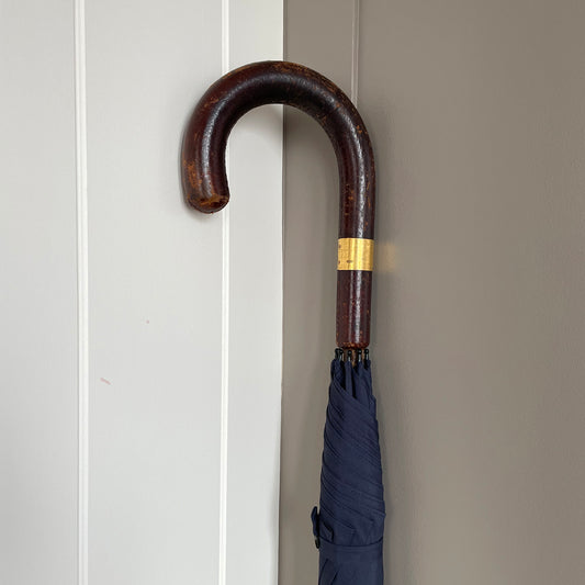 Fox Stick Umbrella Navy With Leather Handle & Gold Collar 18ct VINTAGE