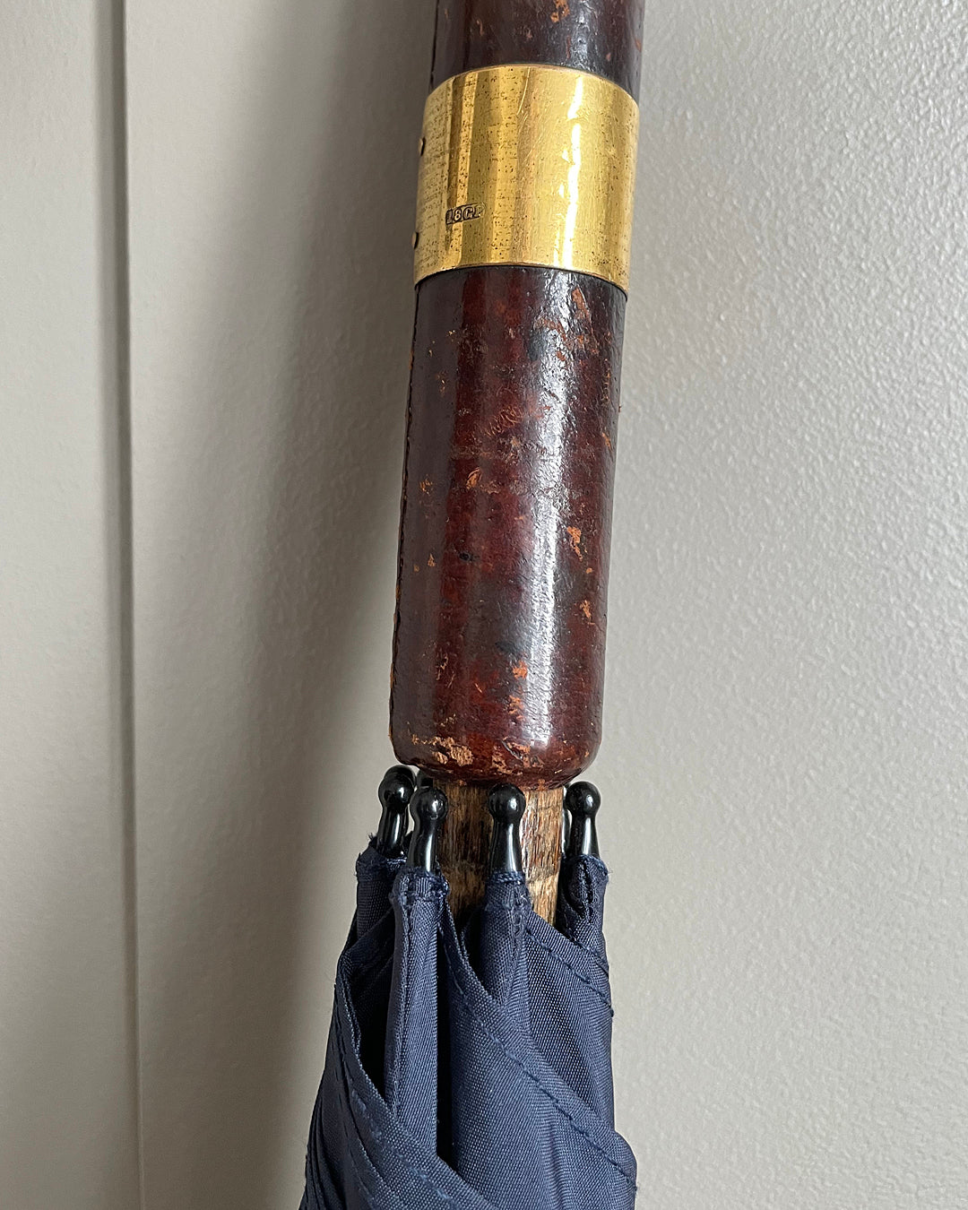 Fox Stick Umbrella Navy & Leather Handle & Gold Collar 18ct VINTAGE