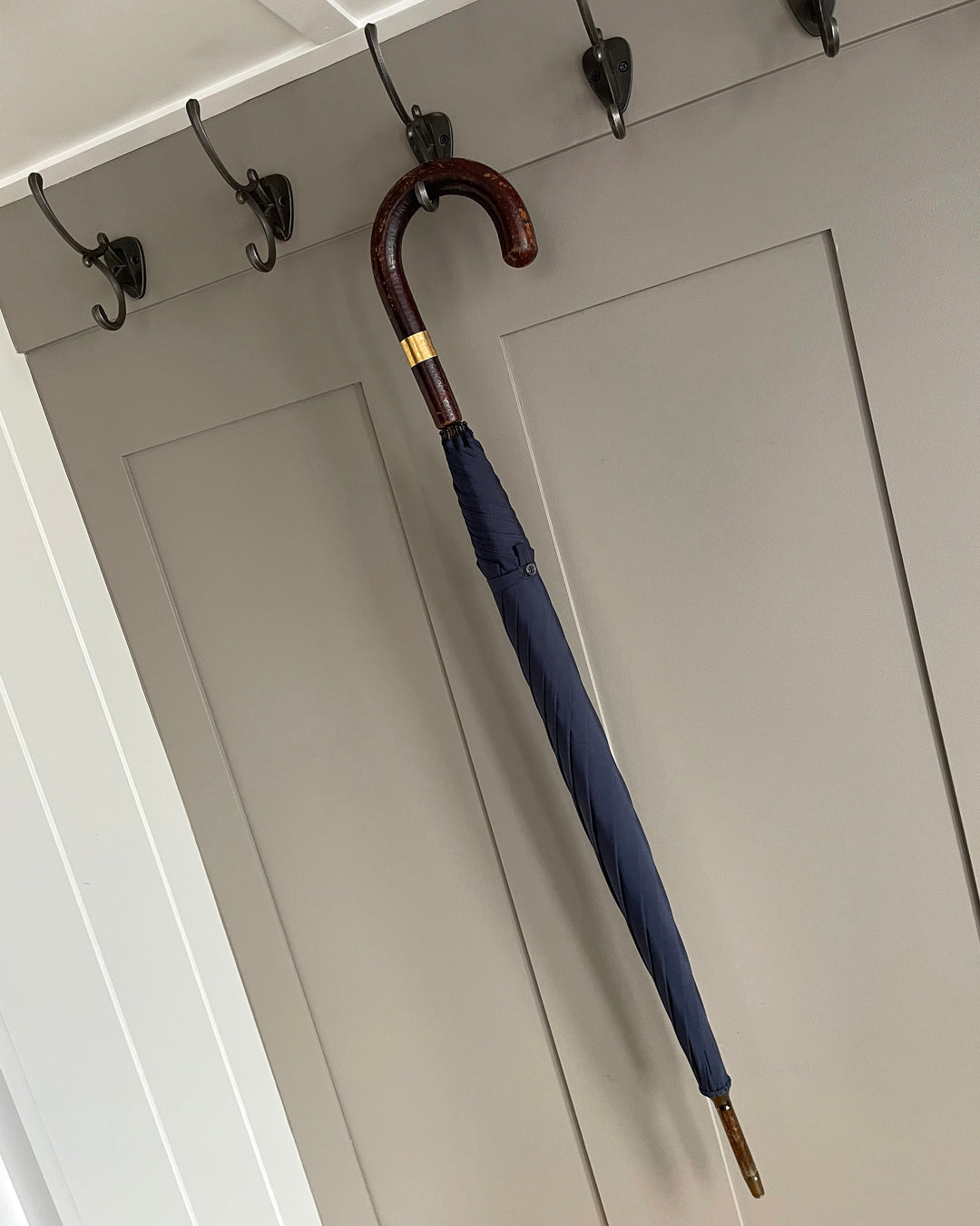 Fox Stick Umbrella Navy & Leather Handle & Gold Collar 18ct VINTAGE