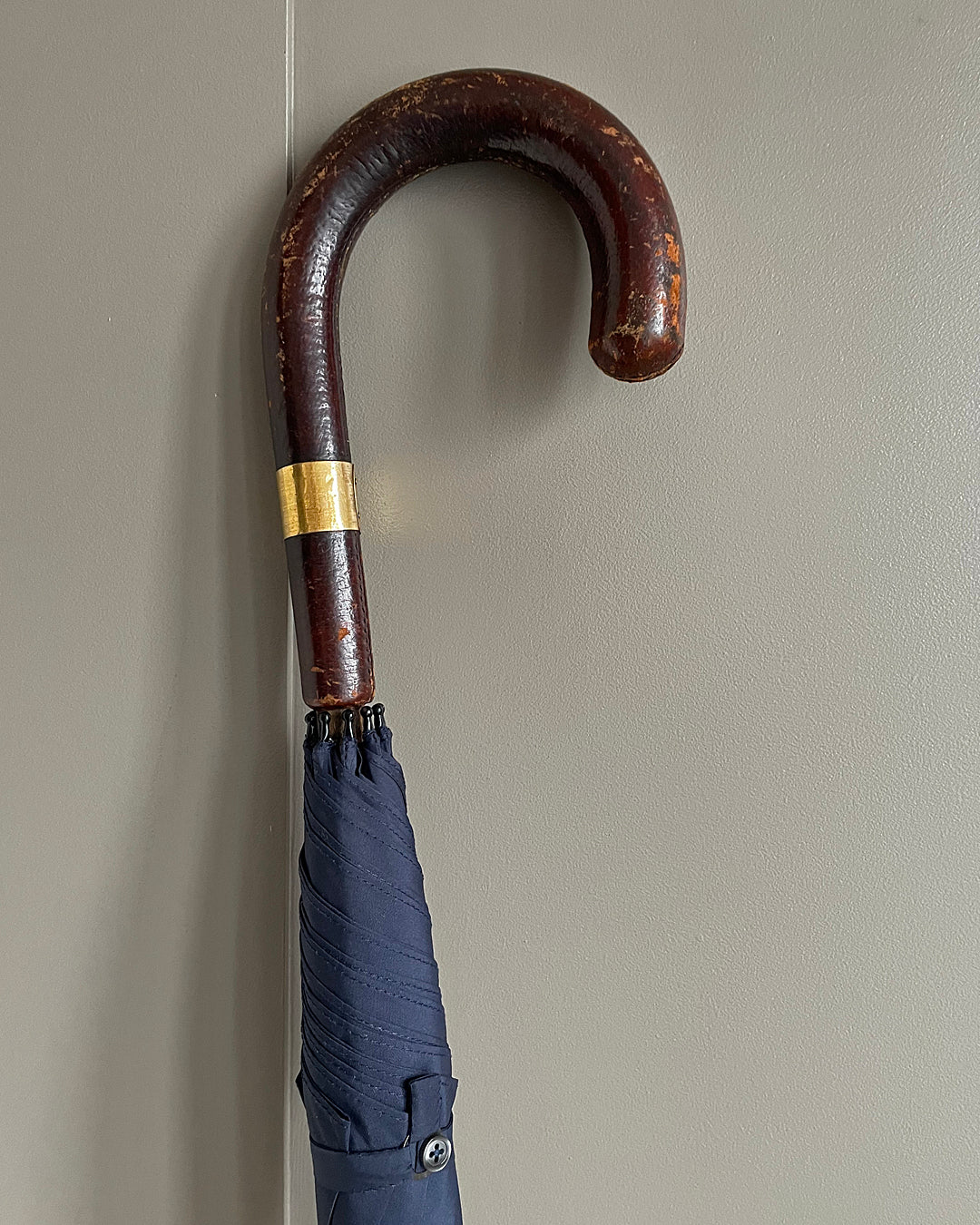 Fox Stick Umbrella Navy & Leather Handle & Gold Collar 18ct VINTAGE