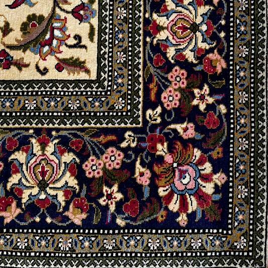 Persian Rug Kashan 223cm x 139cm Ivory & Navy VINTAGE