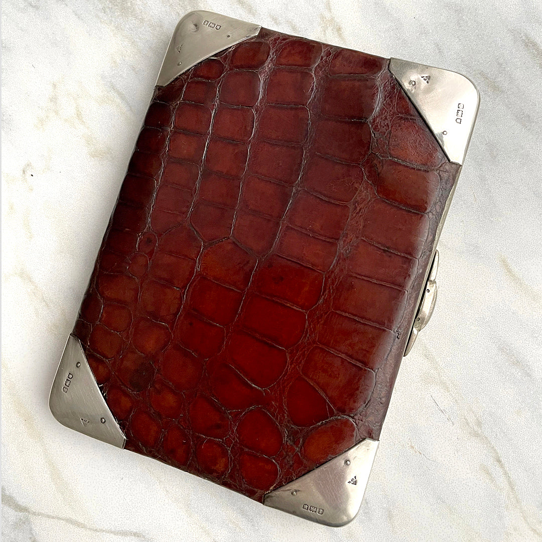 Crocodile Skin & Leather Wallet Silver London Edwardian (1904) ANTIQUE