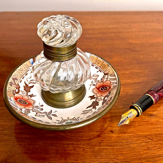 Moulded Glass Inkwell On Ceramic & Copper Dish English 19th Century ANTIQUE