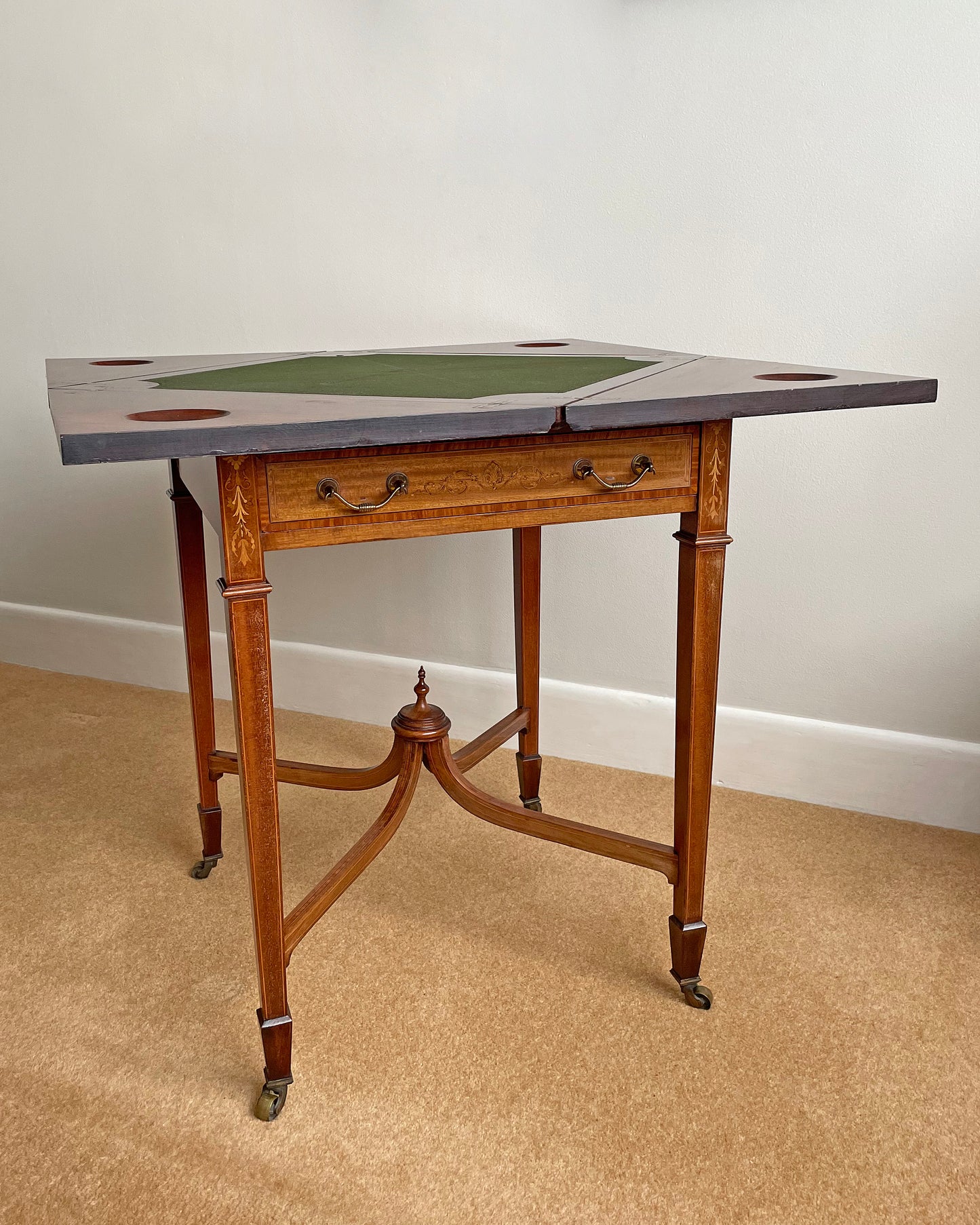 Maple & Co Satinwood Card Table With Inlaid Decoration Edwardian ANTIQUE